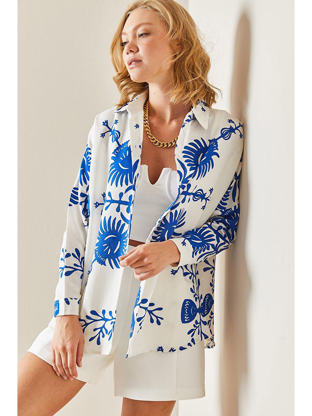 Saks Mavi Polo Yaka Desenli Gömlek 3YXK2-47499-15-1