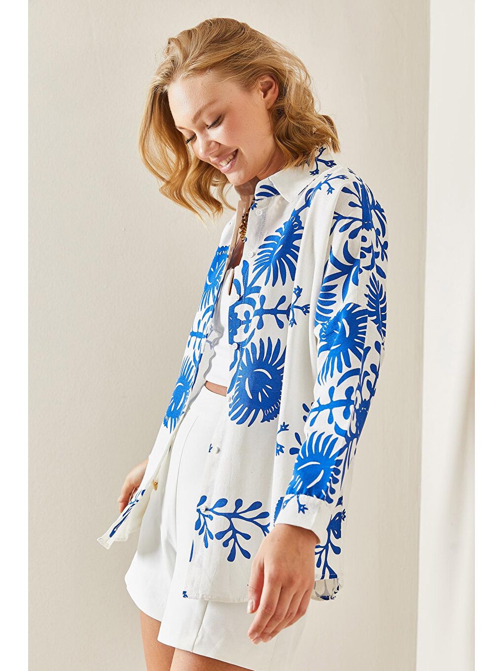 Saks Mavi Polo Yaka Desenli Gömlek 3YXK2-47499-15-2