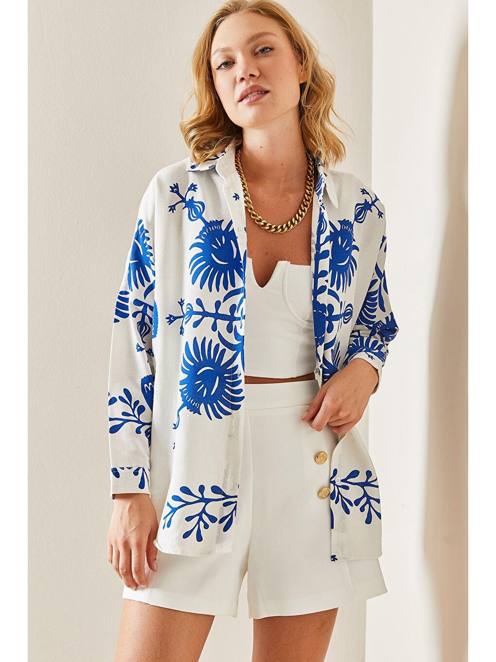 Saks Mavi Polo Yaka Desenli Gömlek 3YXK2-47499-15-3