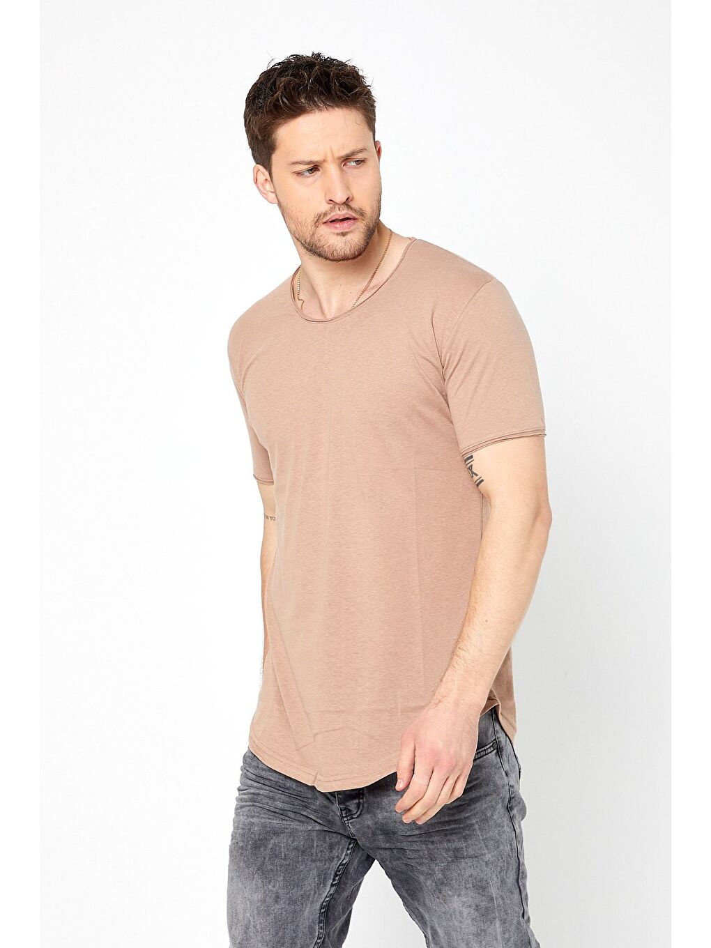 Ekru Erkek Krem Oval Etek Bisiklet Yaka  100 Pamuk Kısa Kollu Tişört-2