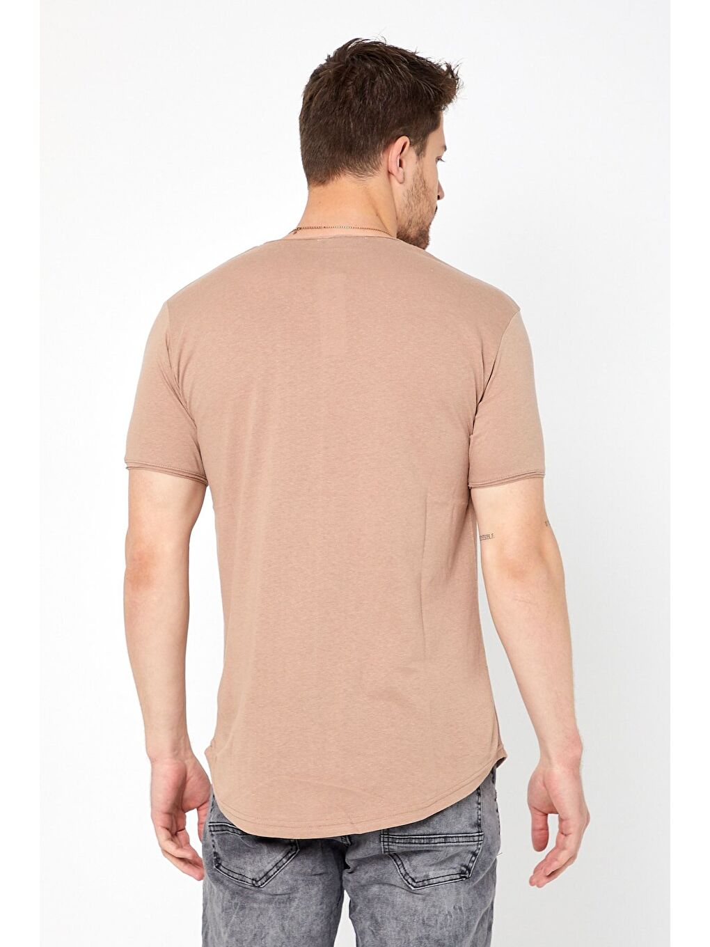 Ekru Erkek Krem Oval Etek Bisiklet Yaka  100 Pamuk Kısa Kollu Tişört-3