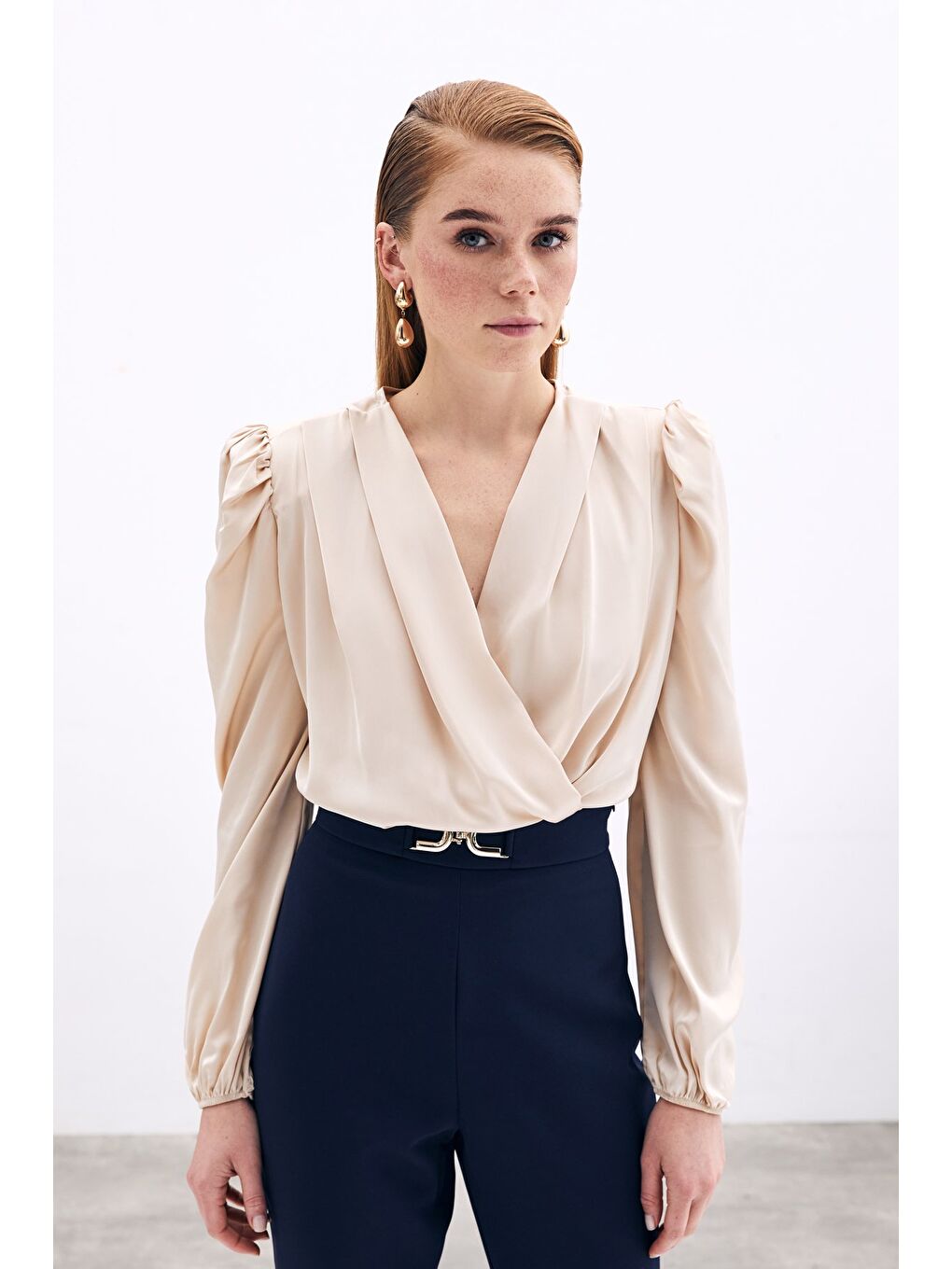 Kruvaze Vatkalı Bodysuit - Bej-1