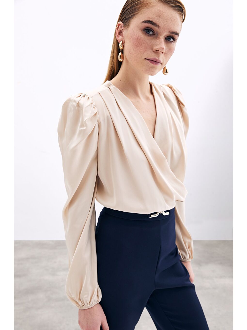 Kruvaze Vatkalı Bodysuit - Bej-2