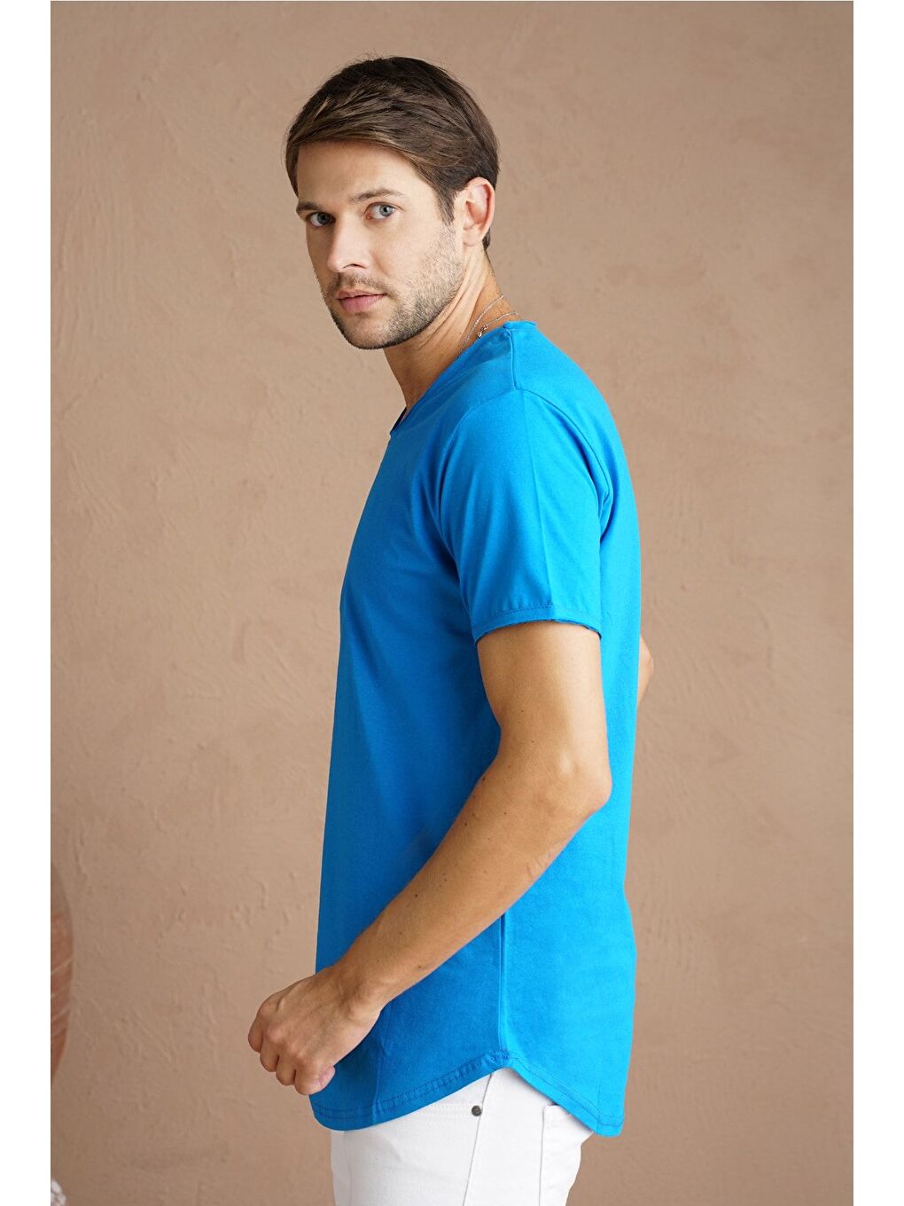 Mavi Erkek Saks Oval Etek Bisiklet Yaka  100 Pamuk Kısa Kollu Tişört-2