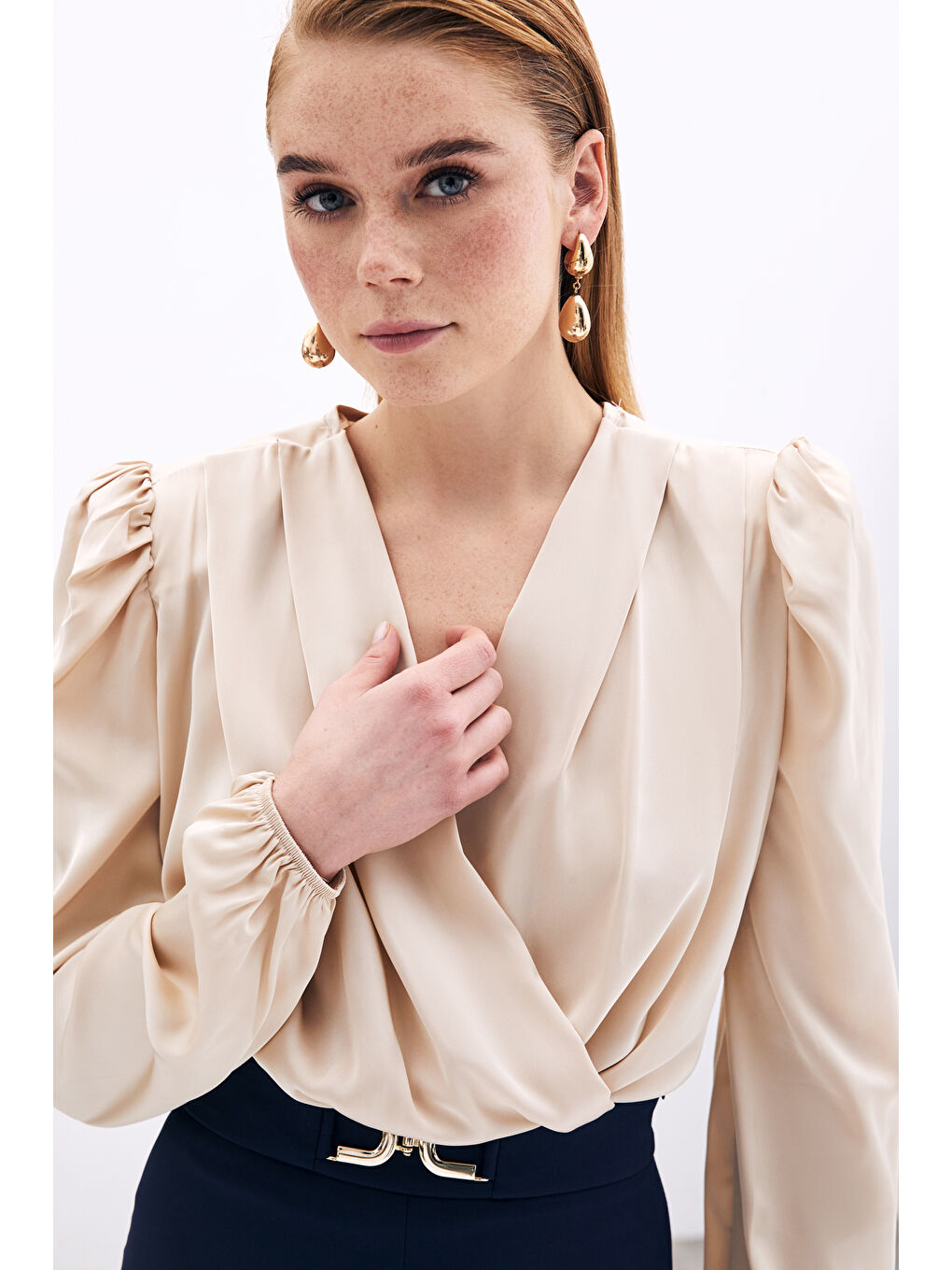 Kruvaze Vatkalı Bodysuit - Bej-3