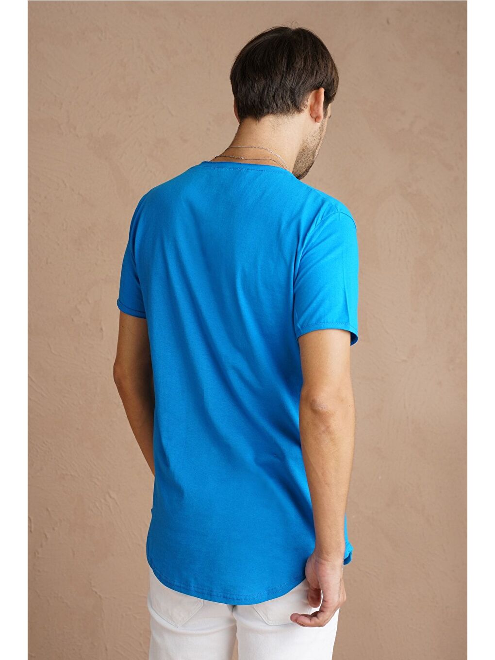 Mavi Erkek Saks Oval Etek Bisiklet Yaka  100 Pamuk Kısa Kollu Tişört-3