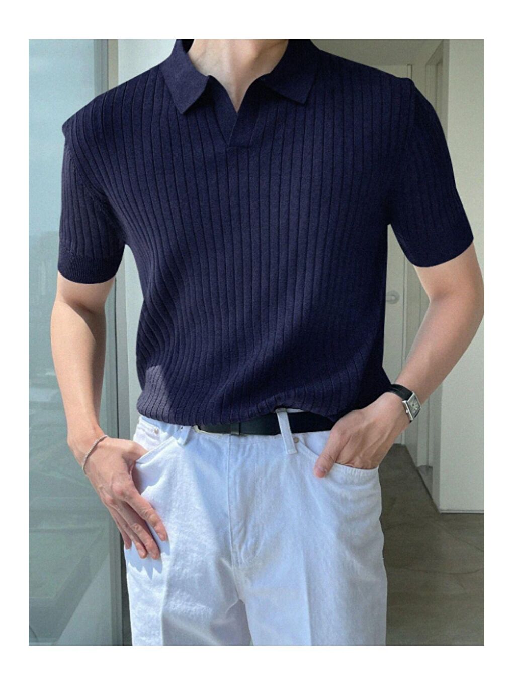 Lacivert Erkek Fitilli Polo Yaka Triko Tişört