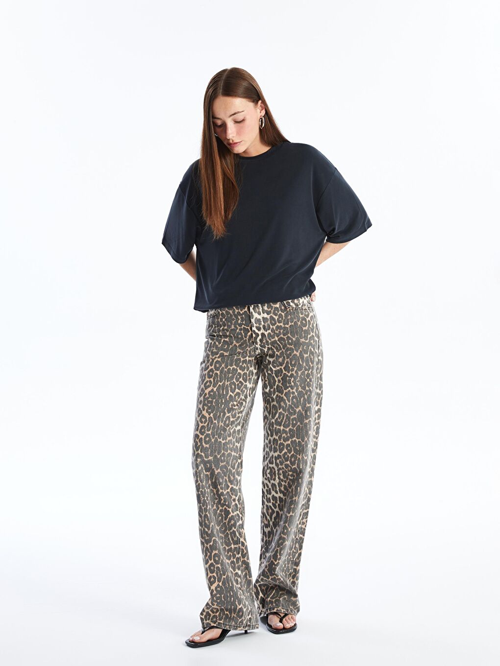 Kahverengi Rho - Leopar Desenli Denim Pantolon