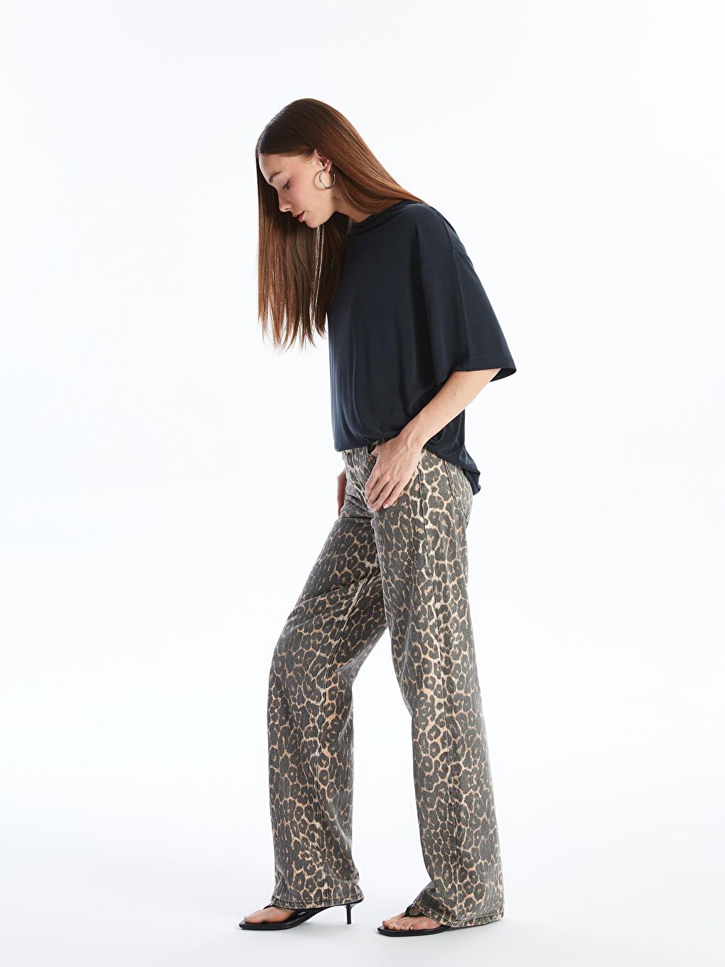 Kahverengi Rho - Leopar Desenli Denim Pantolon-1