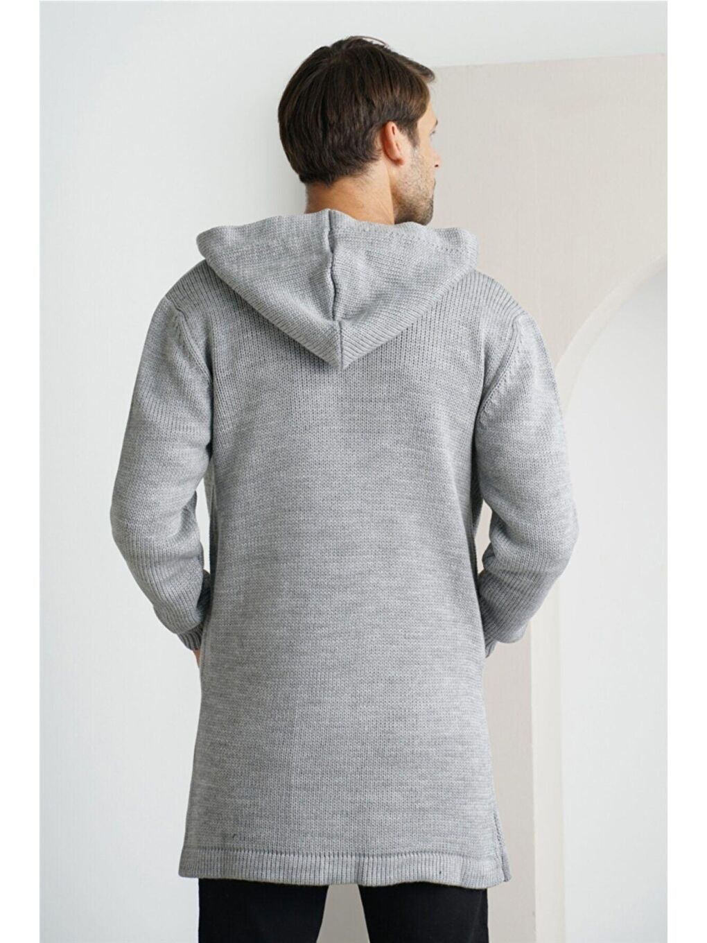 Erkek Gri Kapüşonlu Cepli Panço Triko Hırka-2