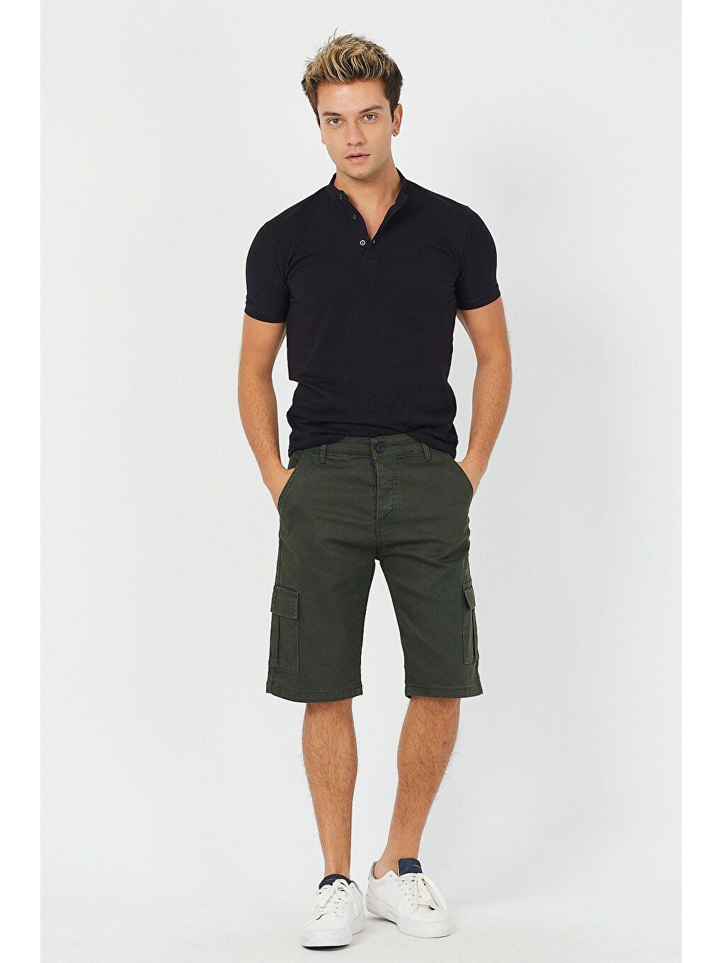 Haki Erkek Kamuflaj Kargo Cep Elastanlı jean Şort-3