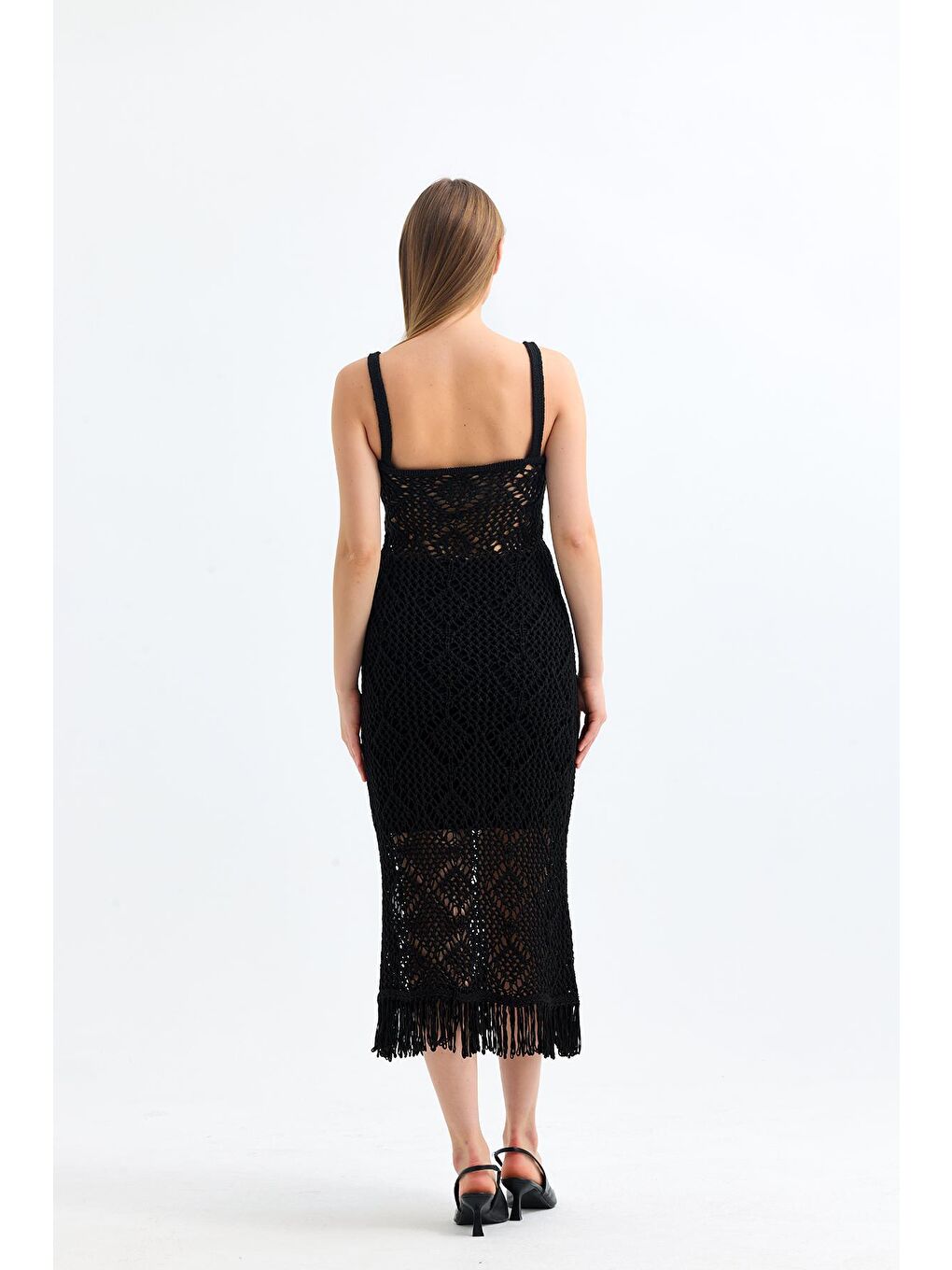 Ekru Siena - Örgü ve Çiçek Detaylı Askılı Astarsız Elbise - Siyah Renk-2