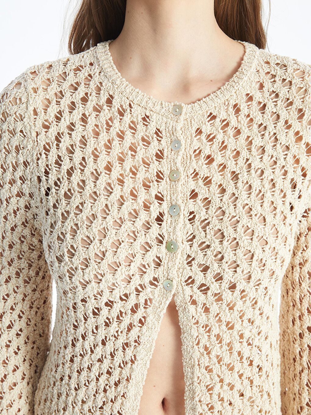 Monza - Örgü Detaylı Uzun Kol Triko Gömlek -Ekru Renk-3