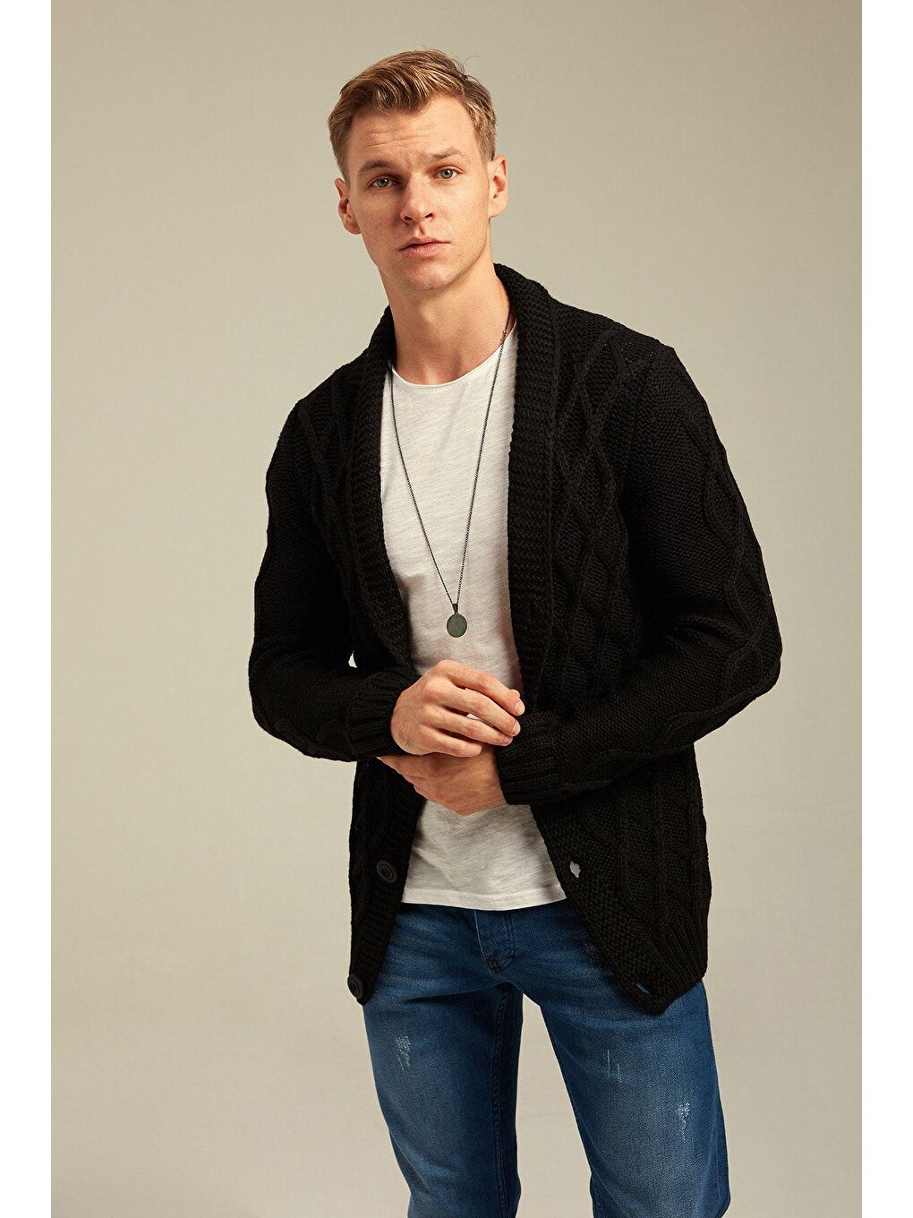 Siyah Erkek Antrasit Baklava Desen Yaka Cepli Triko Hırka