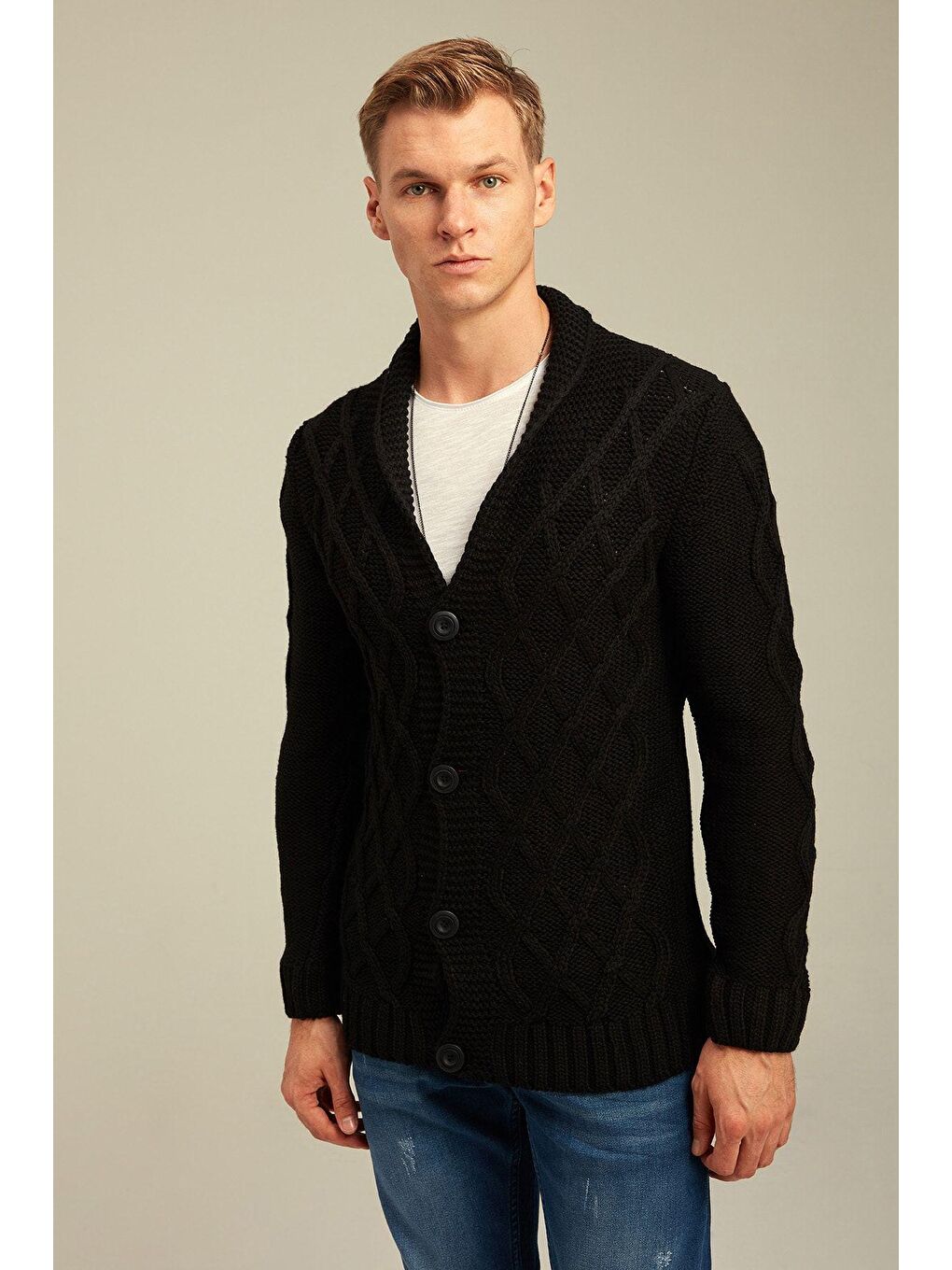 Siyah Erkek Antrasit Baklava Desen Yaka Cepli Triko Hırka-1