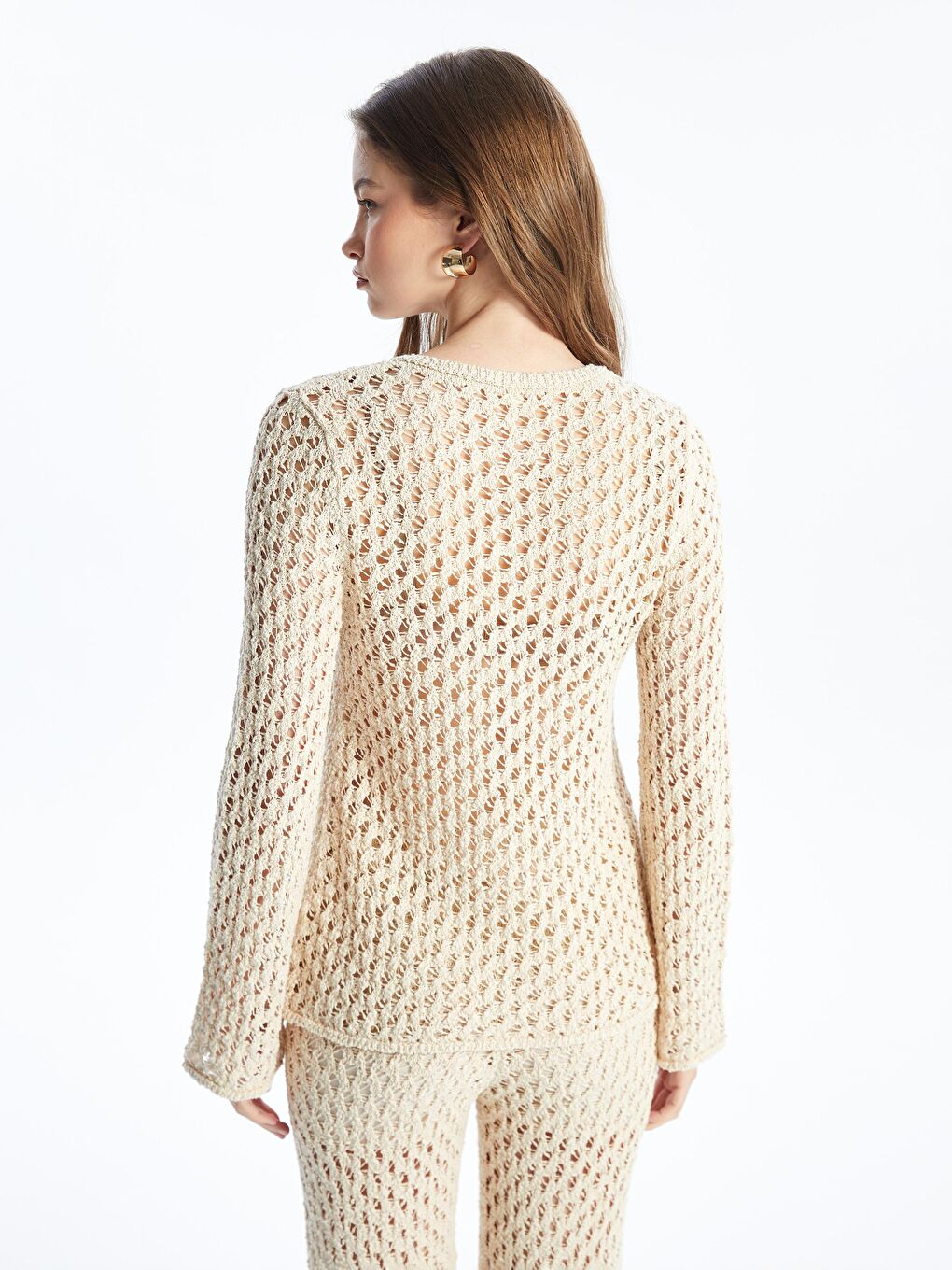 Monza - Örgü Detaylı Uzun Kol Triko Gömlek -Ekru Renk-4