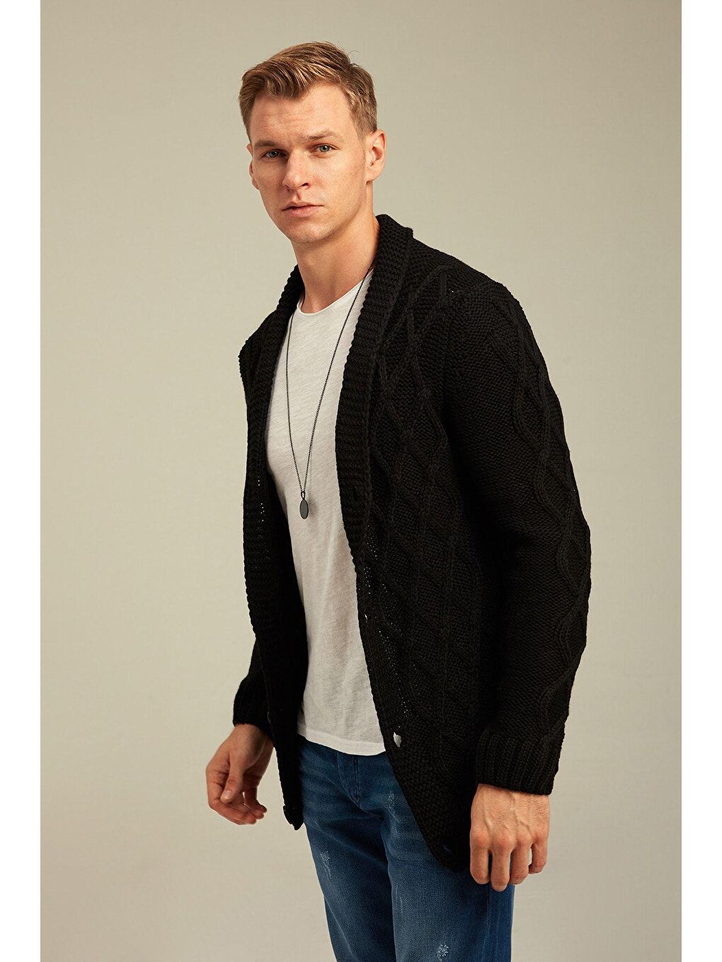 Siyah Erkek Antrasit Baklava Desen Yaka Cepli Triko Hırka-2