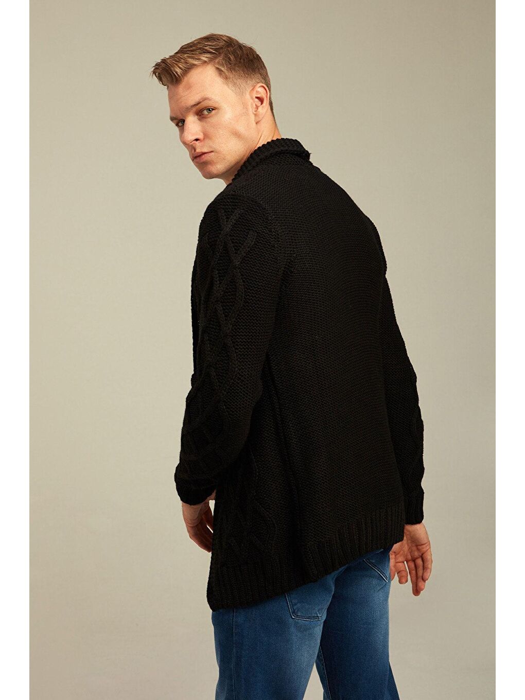 Siyah Erkek Antrasit Baklava Desen Yaka Cepli Triko Hırka-3