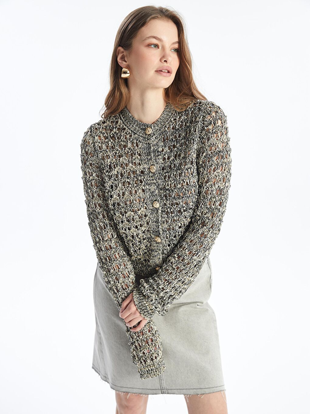 Siyah Udie - Örgü ve Delik Detaylı Uzun Kol Triko Hırka - Çok Renkli