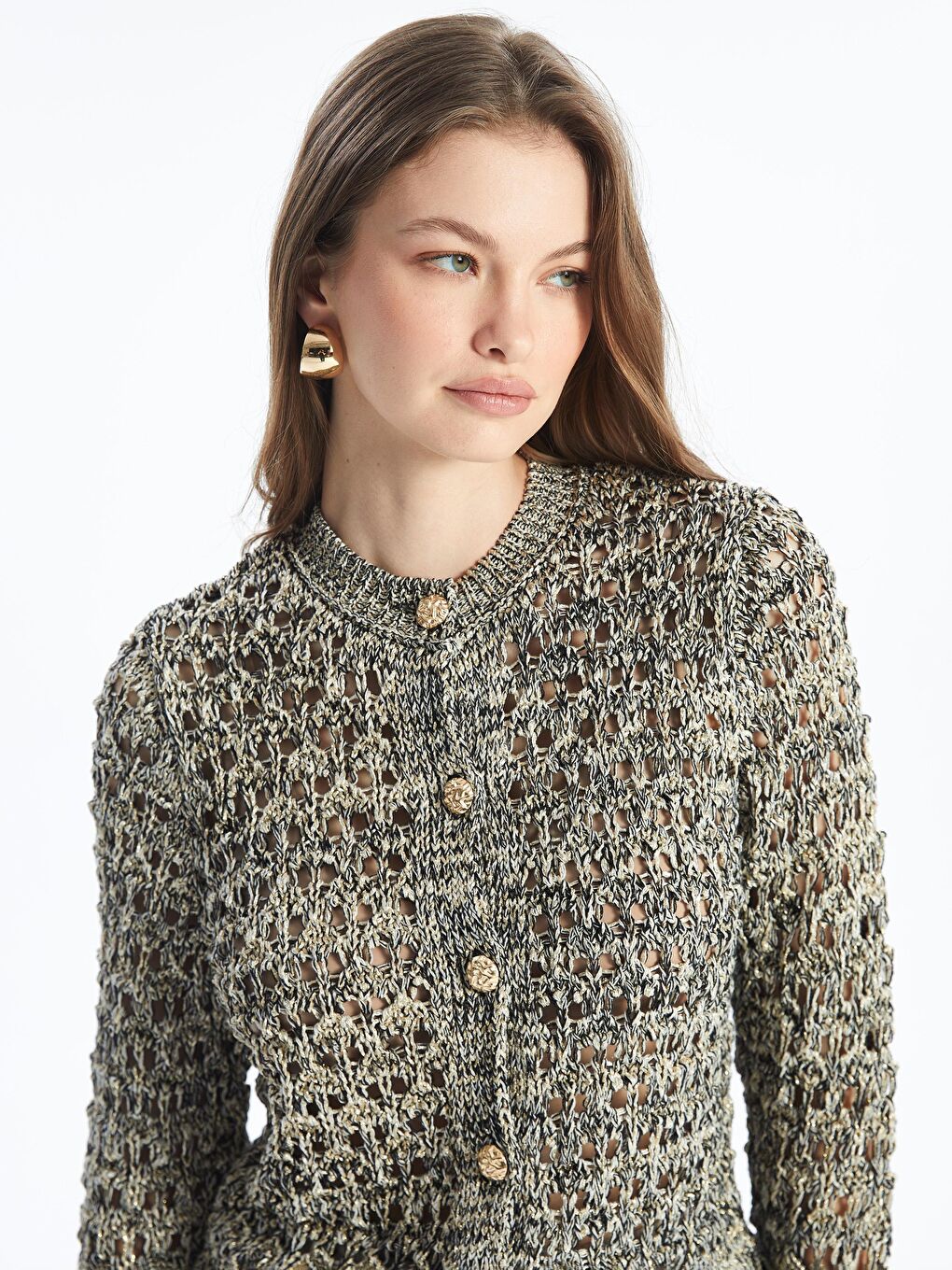 Siyah Udie - Örgü ve Delik Detaylı Uzun Kol Triko Hırka - Çok Renkli-2