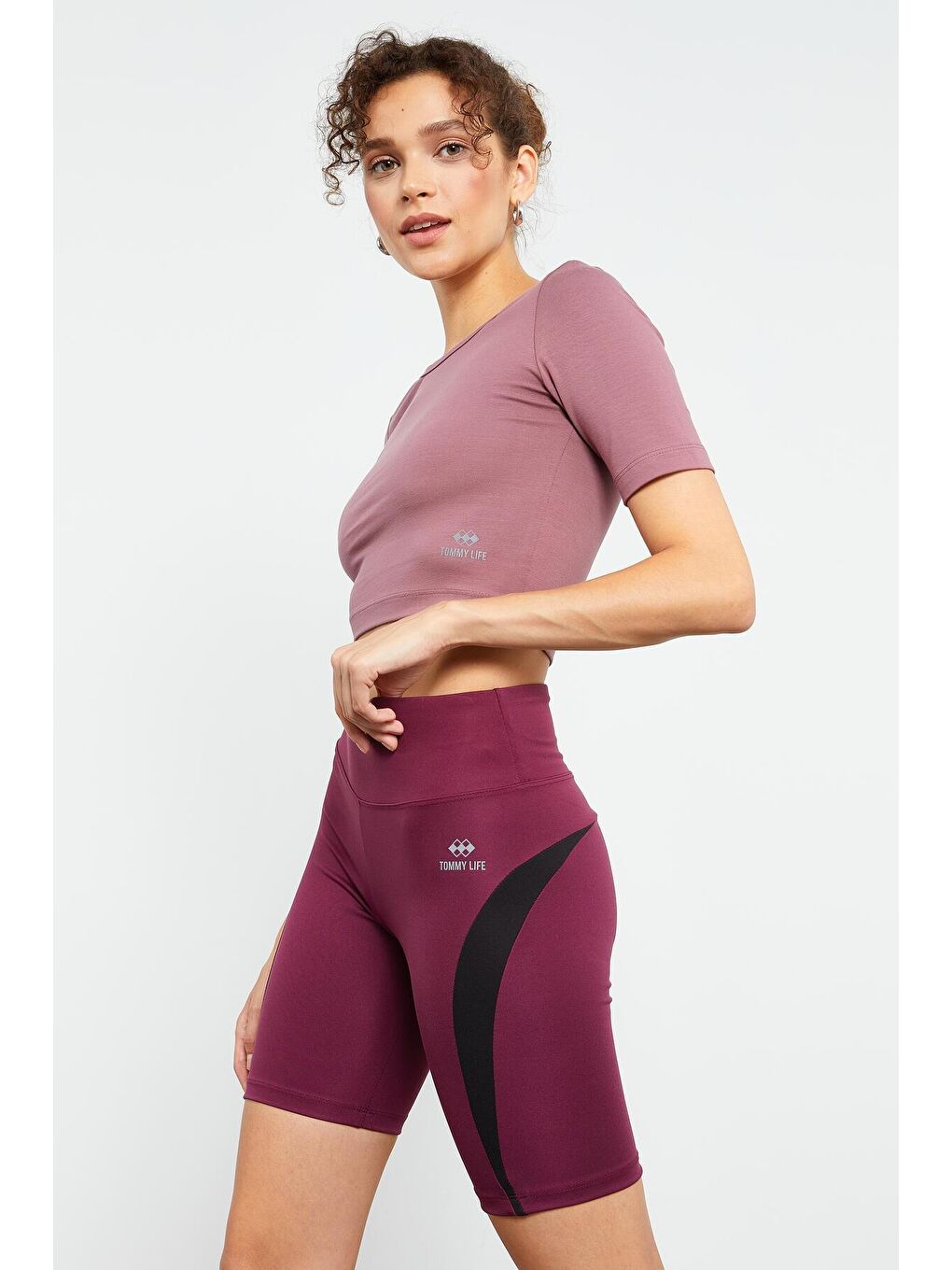 Bordo Yüksek Bel Şerit Detaylı Streç Kadın Biker Tayt  - 91009