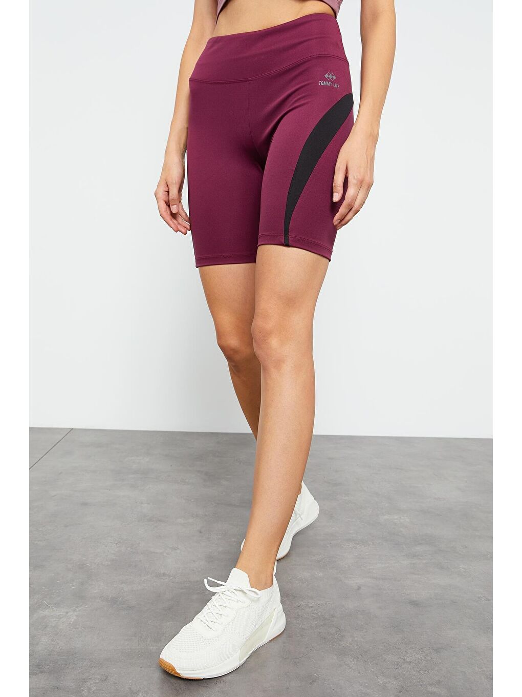 Bordo Yüksek Bel Şerit Detaylı Streç Kadın Biker Tayt  - 91009-1