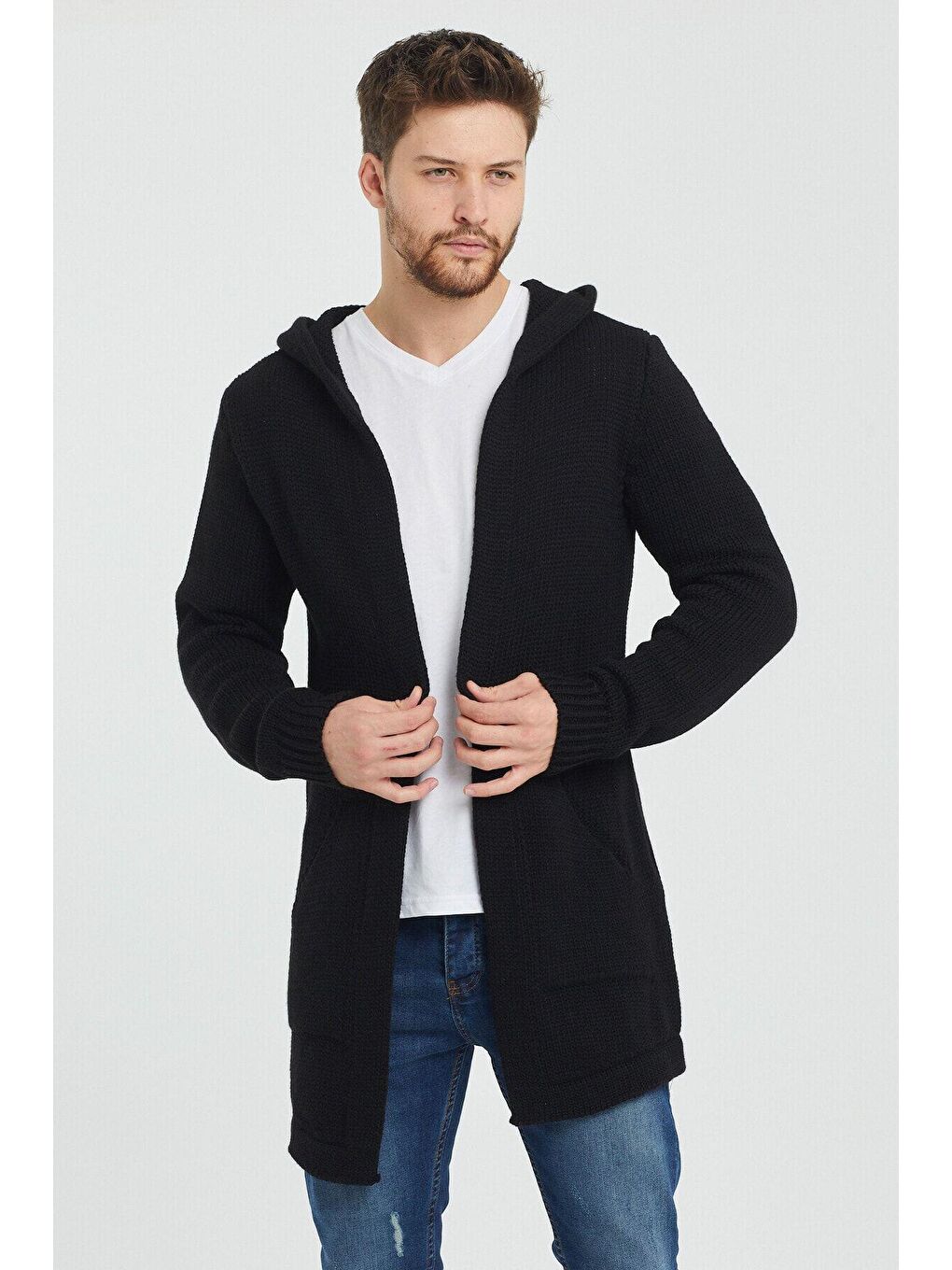 Siyah Erkek Kapüşonlu Cepli Panço Triko Hırka-1