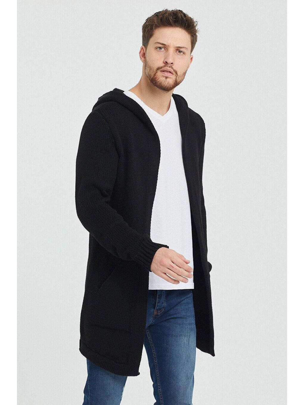 Siyah Erkek Kapüşonlu Cepli Panço Triko Hırka-2