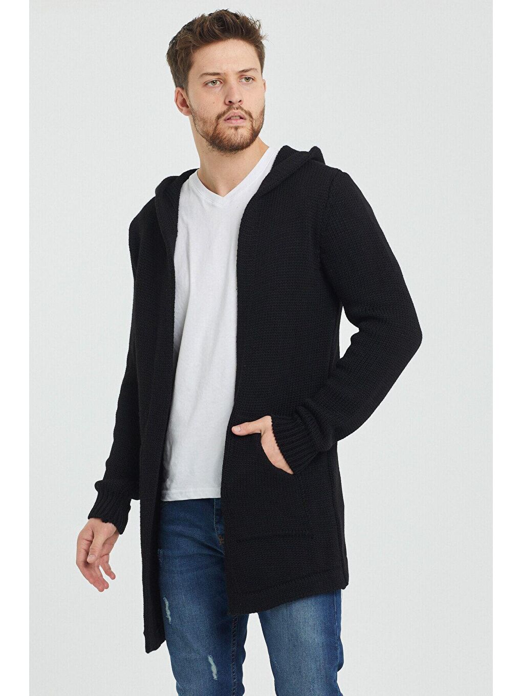 Siyah Erkek Kapüşonlu Cepli Panço Triko Hırka-3