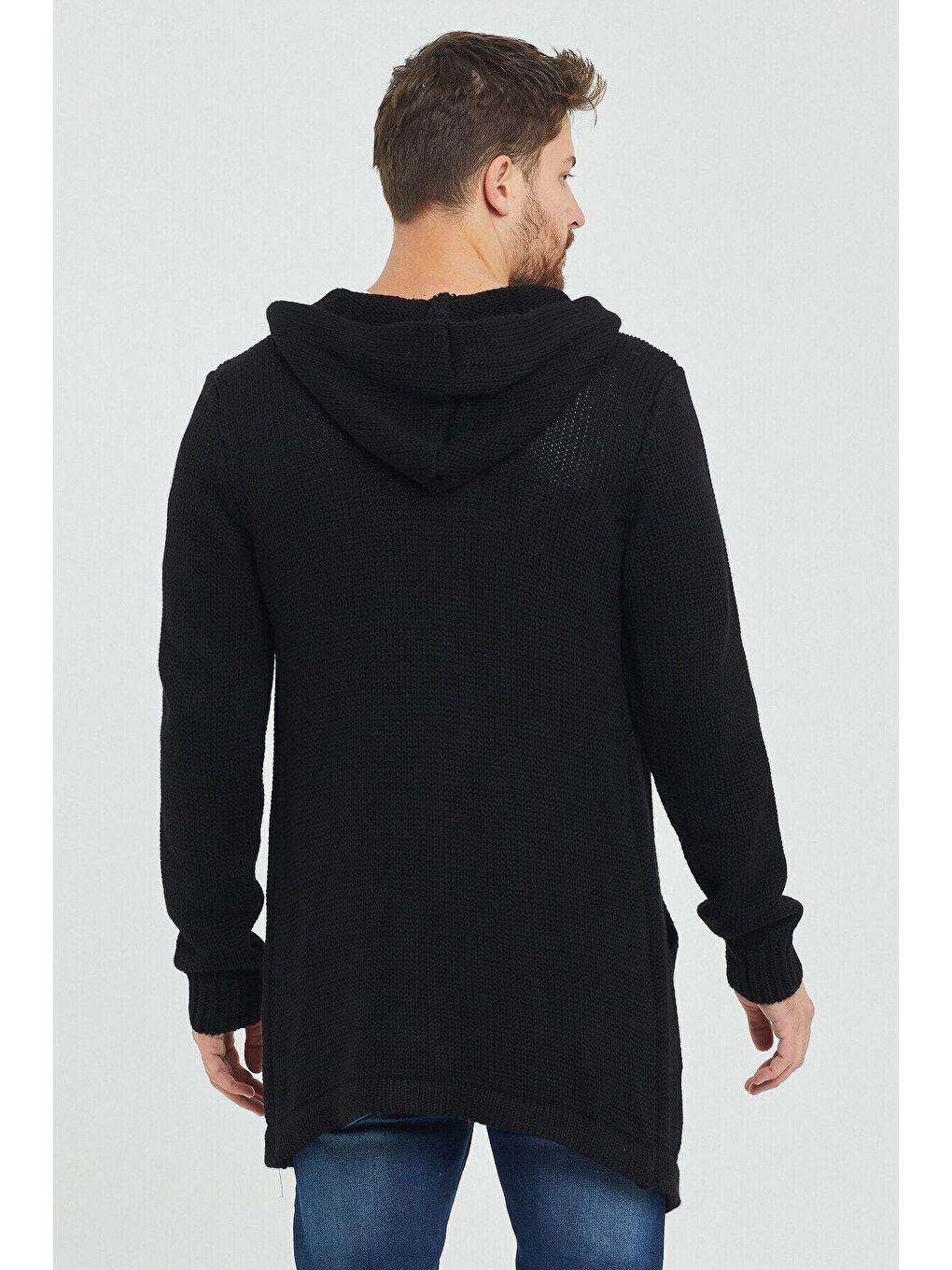 Siyah Erkek Kapüşonlu Cepli Panço Triko Hırka-4