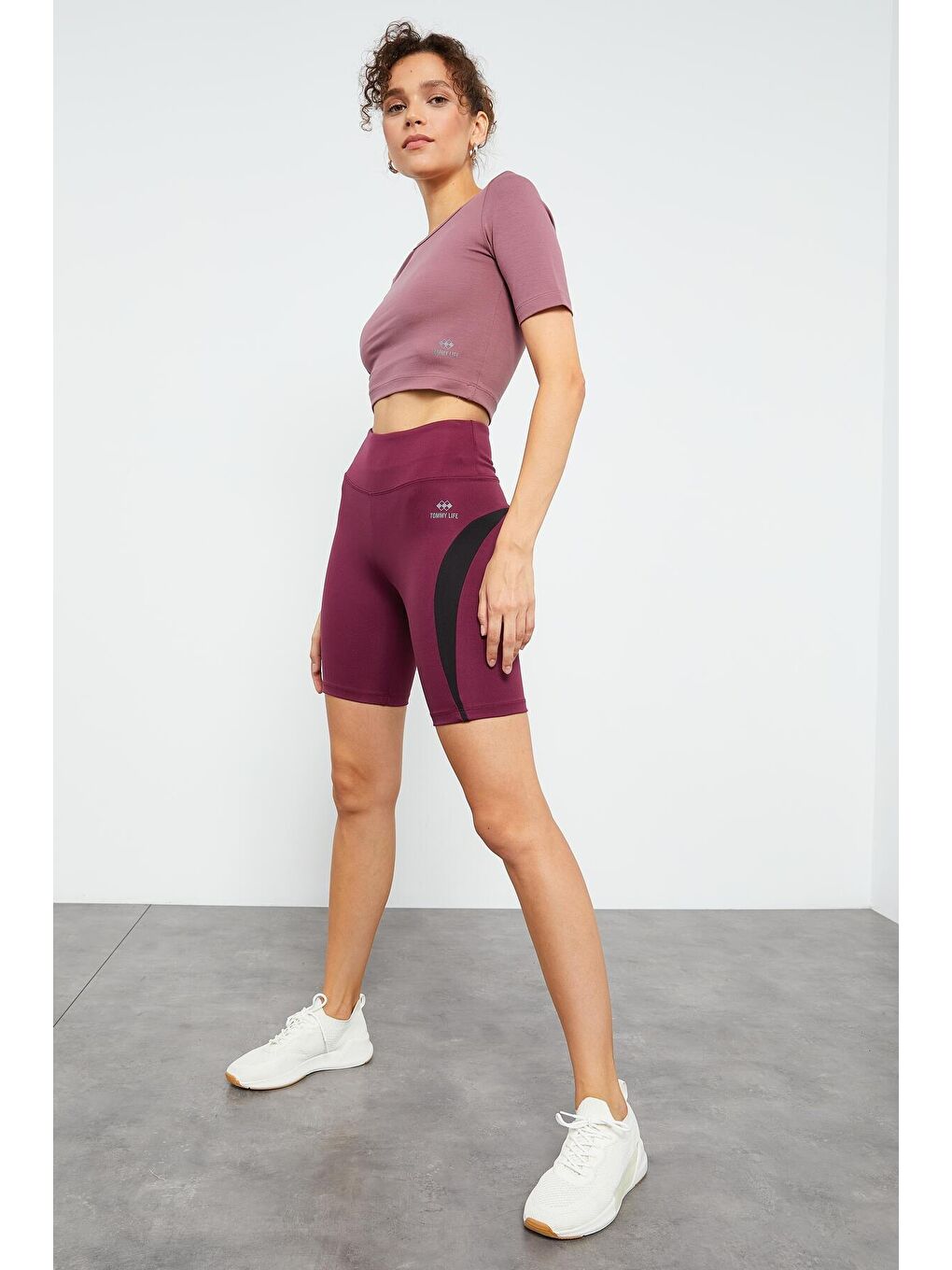 Bordo Yüksek Bel Şerit Detaylı Streç Kadın Biker Tayt  - 91009-2