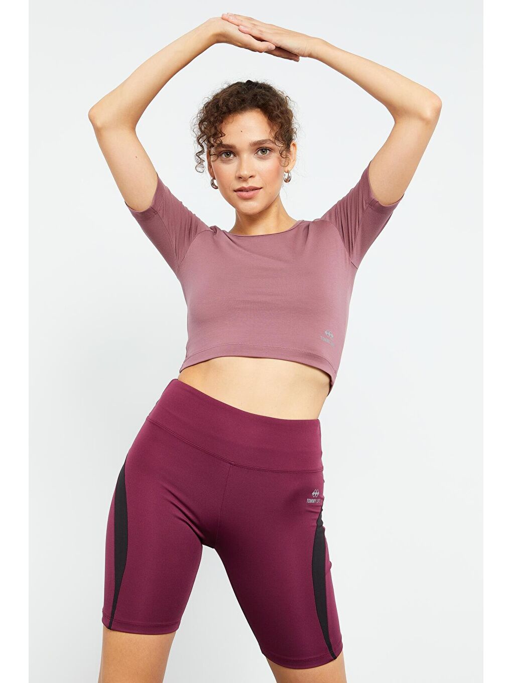 Bordo Yüksek Bel Şerit Detaylı Streç Kadın Biker Tayt  - 91009-3