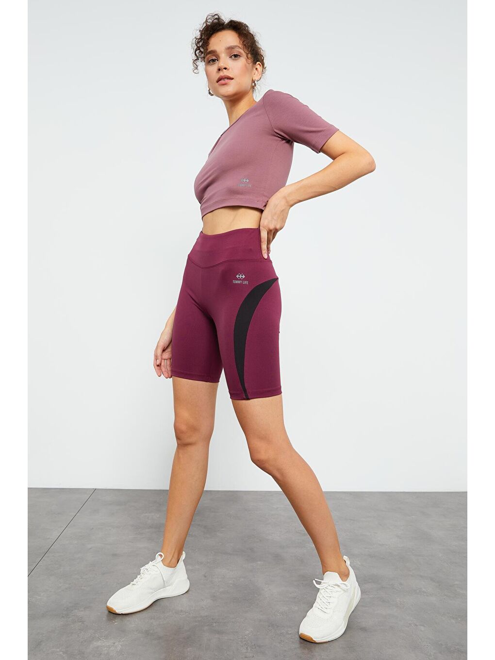 Bordo Yüksek Bel Şerit Detaylı Streç Kadın Biker Tayt  - 91009-4