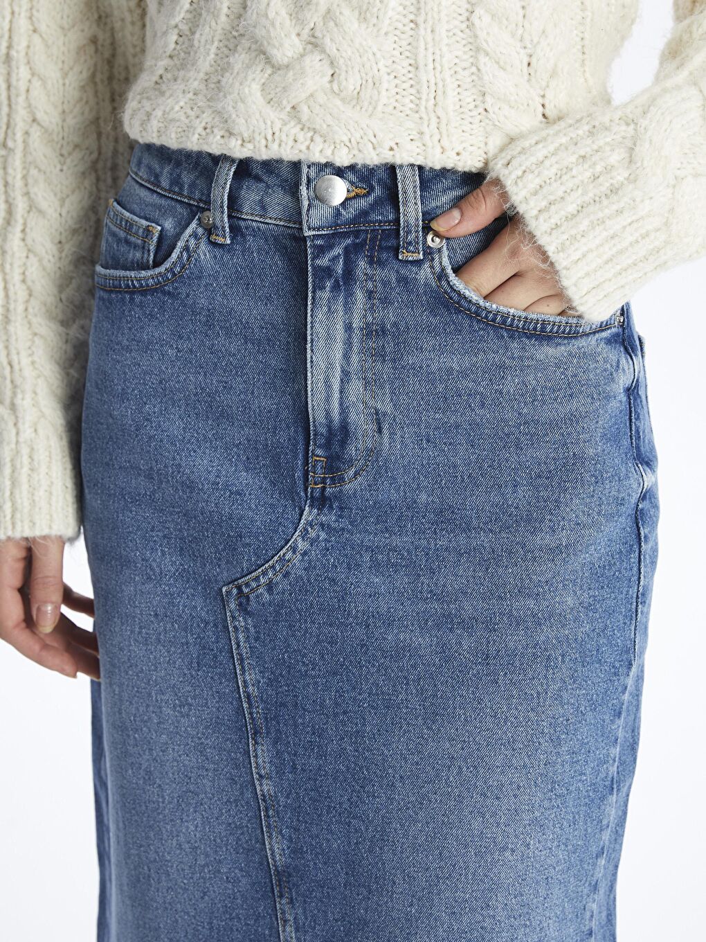 İndigo Yırtmaçlı Uzun Denim Etek - Dark Indigo Renk-3