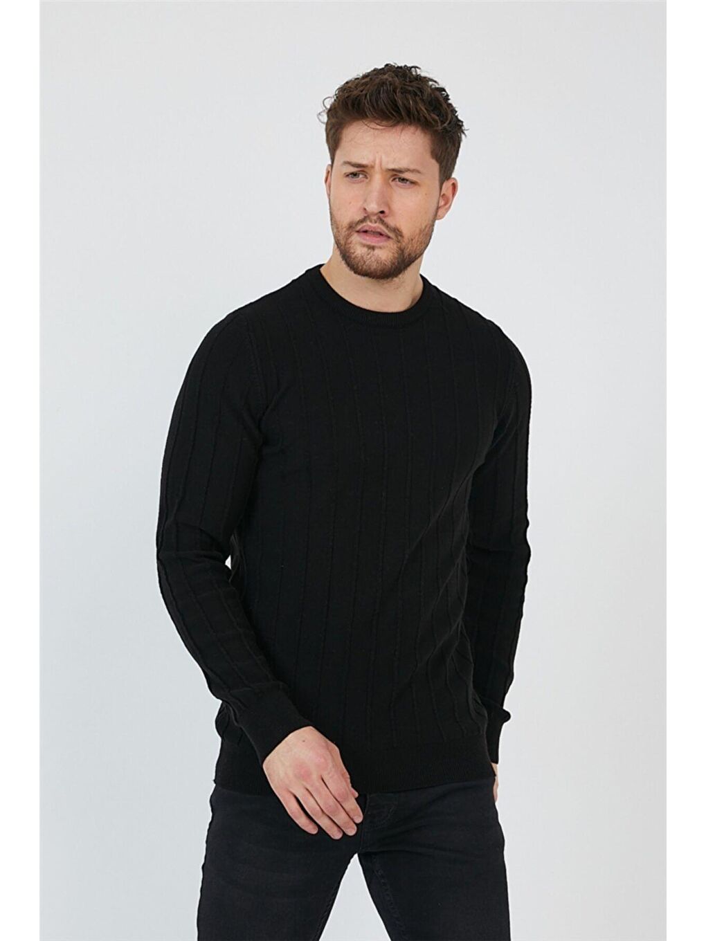 Siyah Erkek Yuvarlak Yaka Örme Triko-1