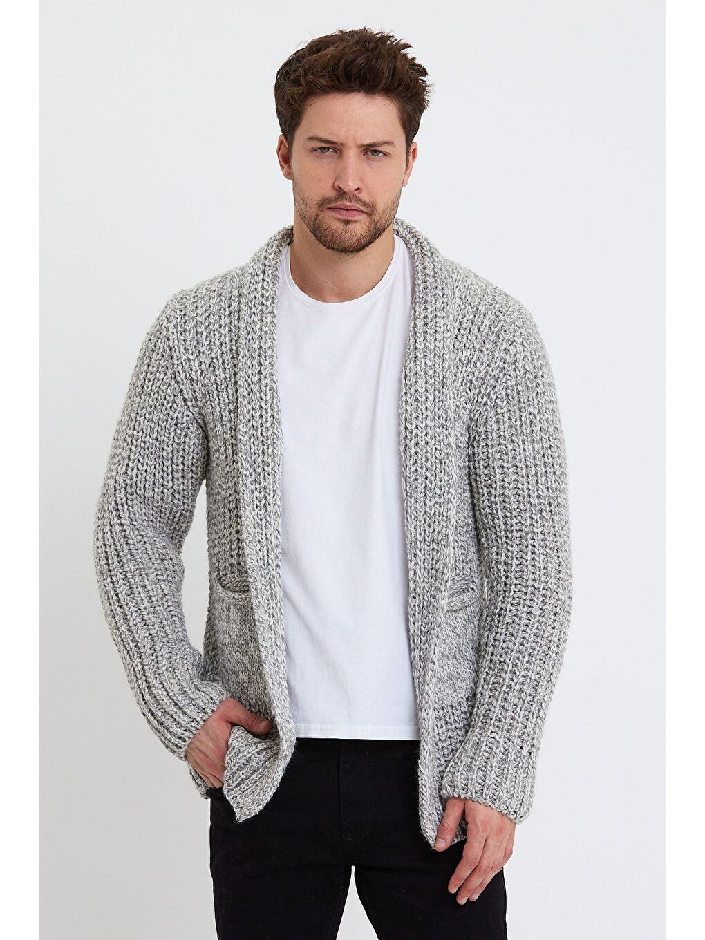 Erkek Gri Kalın Petekli Cep Detaylı Triko Hırka