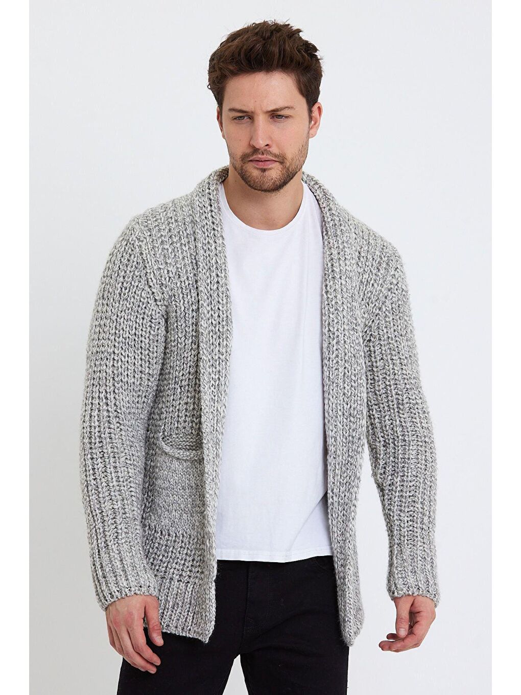 Erkek Gri Kalın Petekli Cep Detaylı Triko Hırka-1