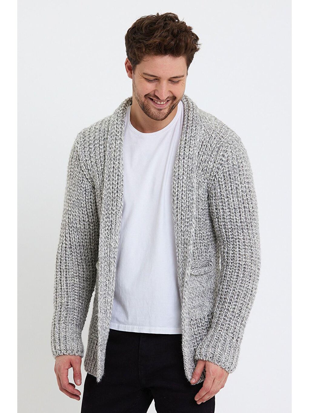 Erkek Gri Kalın Petekli Cep Detaylı Triko Hırka-2