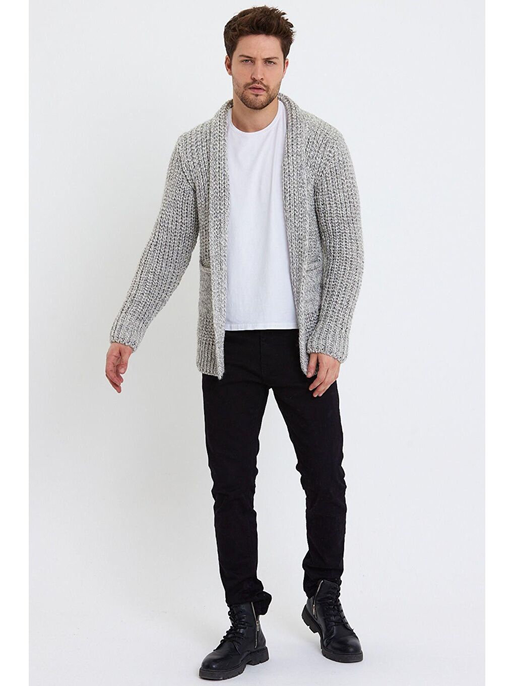 Erkek Gri Kalın Petekli Cep Detaylı Triko Hırka-3