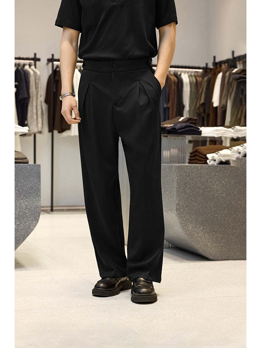 Erkek Süper Baggy Pileli Geniş Paça Gabardin Pantolon Siyah-2