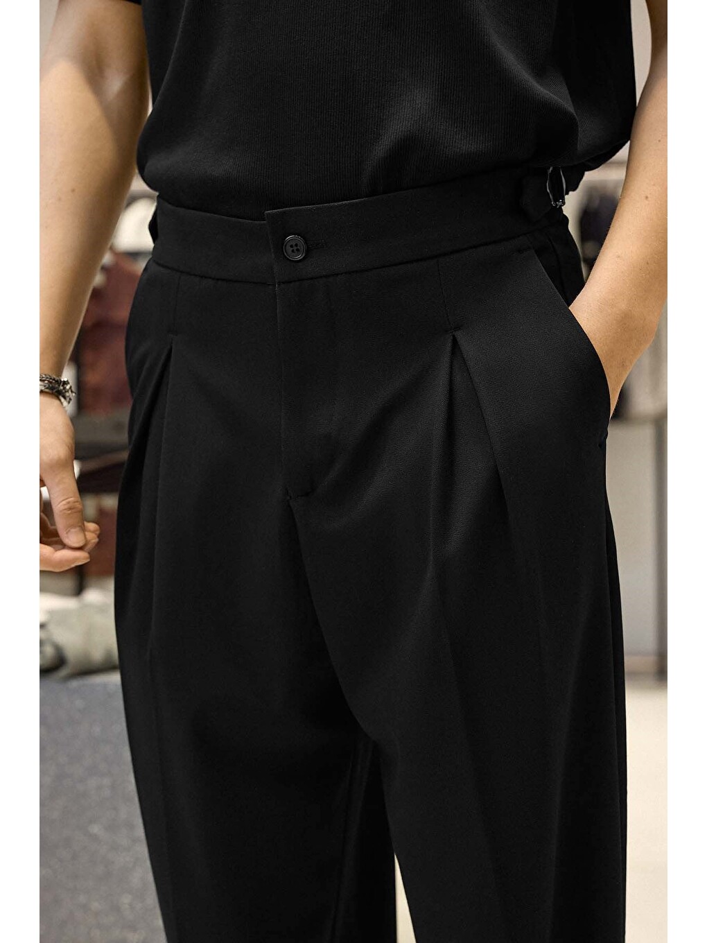 Erkek Süper Baggy Pileli Geniş Paça Gabardin Pantolon Siyah-3