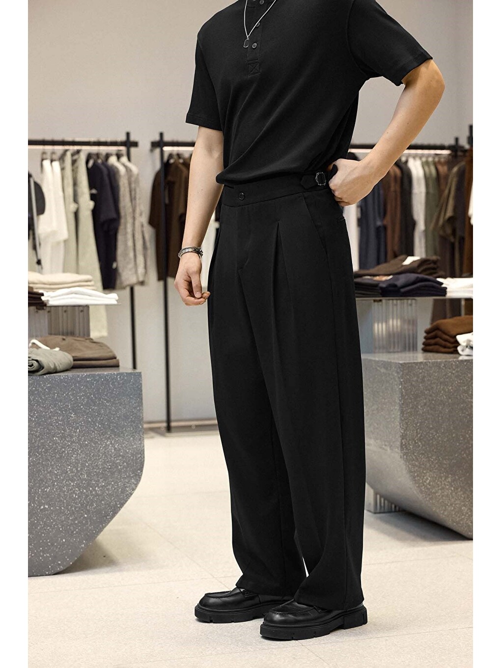 Erkek Süper Baggy Pileli Geniş Paça Gabardin Pantolon Siyah-4