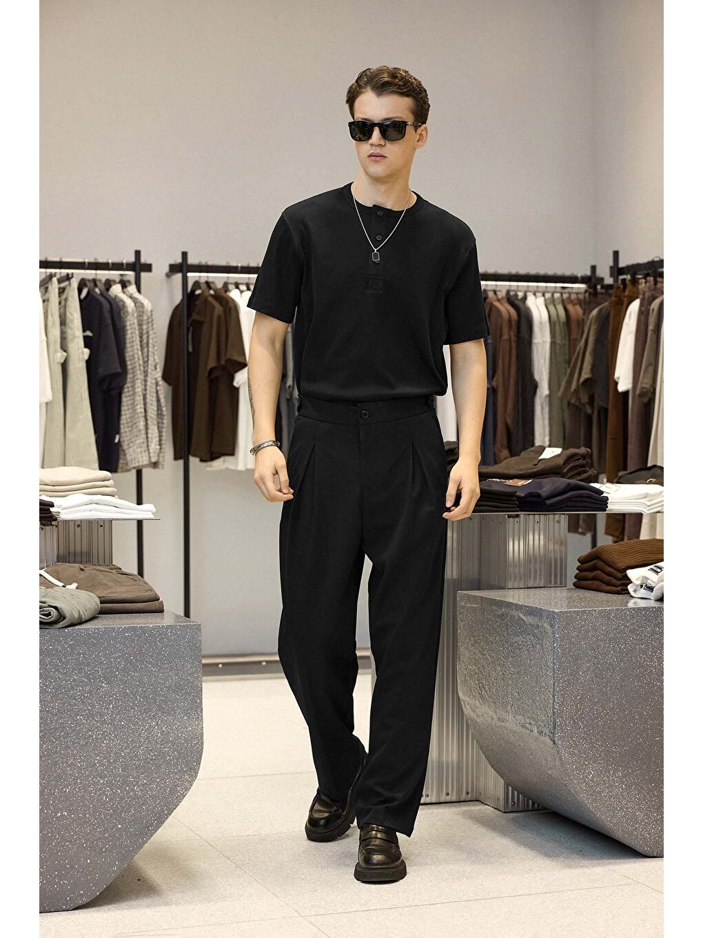 Erkek Süper Baggy Pileli Geniş Paça Gabardin Pantolon Siyah-5