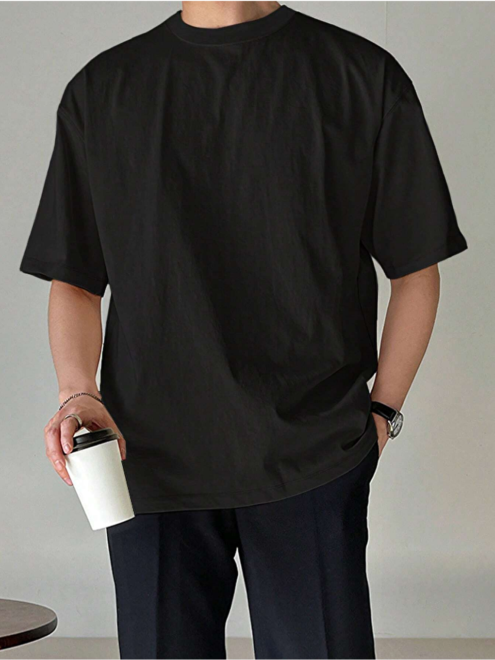 Siyah Erkek Bisiklet Yaka %100 Pamuk Tişört-2