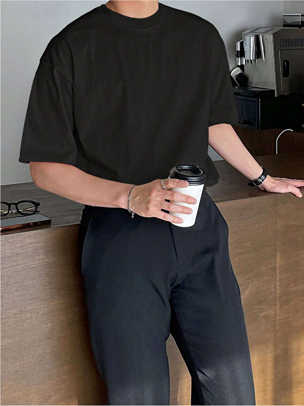 Siyah Erkek Bisiklet Yaka %100 Pamuk Tişört-3