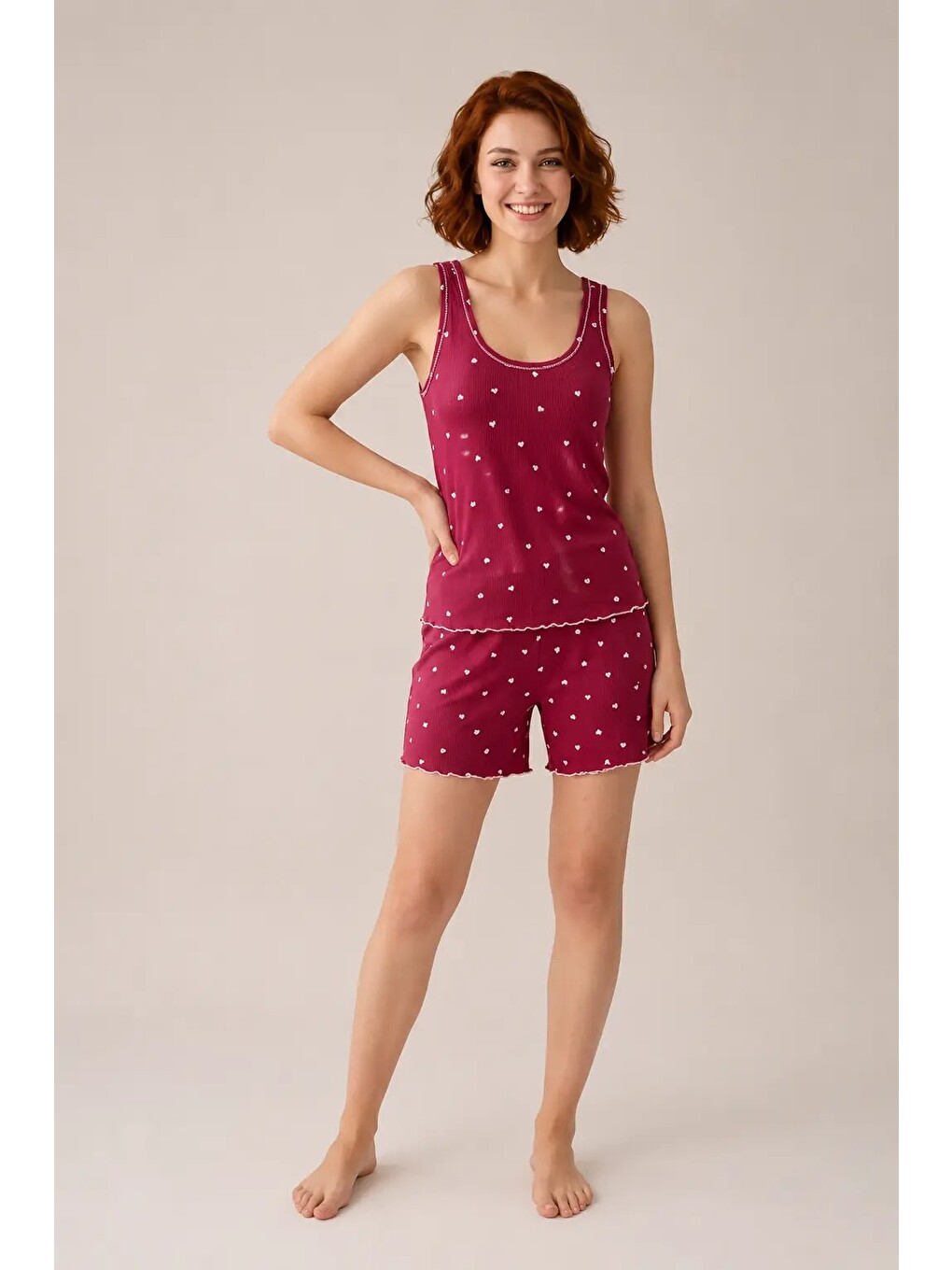 Bordo Desenli Askılı Şortlu Kadın Pijama Takımı 3210-2