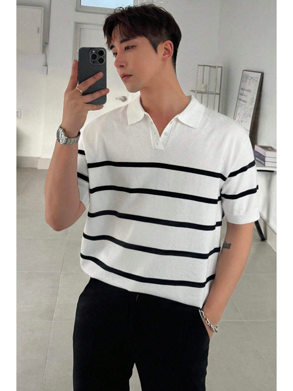 Beyaz Erkek Düğmeli Polo Yaka Çizgi Detaylı Slim Fit Triko Tişört