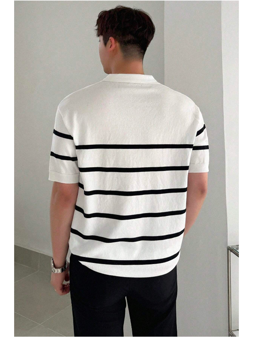 Beyaz Erkek Düğmeli Polo Yaka Çizgi Detaylı Slim Fit Triko Tişört-1