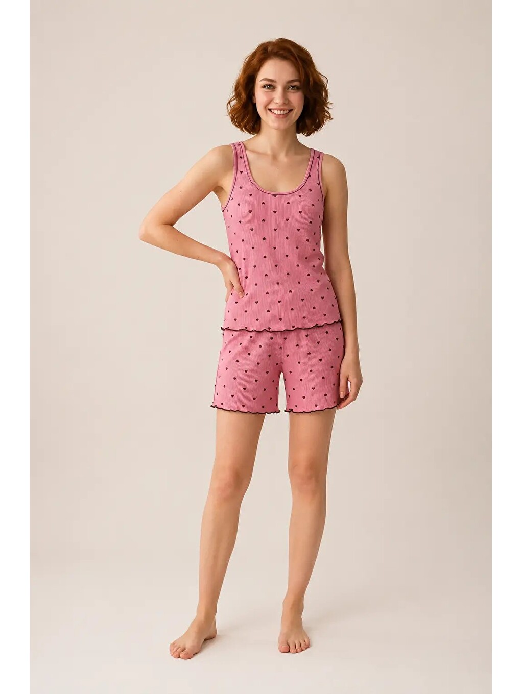 Pembe Desenli Askılı Şortlu Kadın Pijama Takımı 3210-1