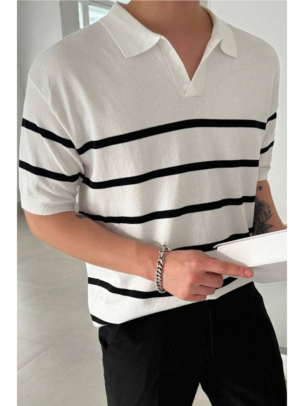 Beyaz Erkek Düğmeli Polo Yaka Çizgi Detaylı Slim Fit Triko Tişört-2